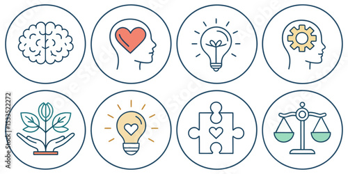 Mental Health Line Icon Set — Psychological Help and Emotional Wellness

