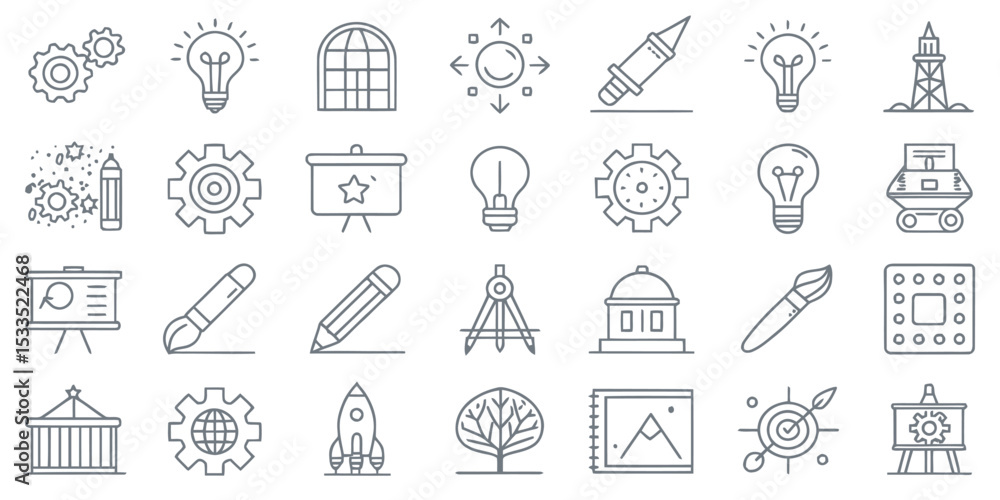 Naklejka premium Monochrome Creativity Line Icon Set — Creative Ideas and Innovation