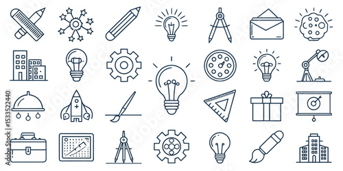 Monochrome Creativity Line Icon Set — Creative Ideas and Innovation

