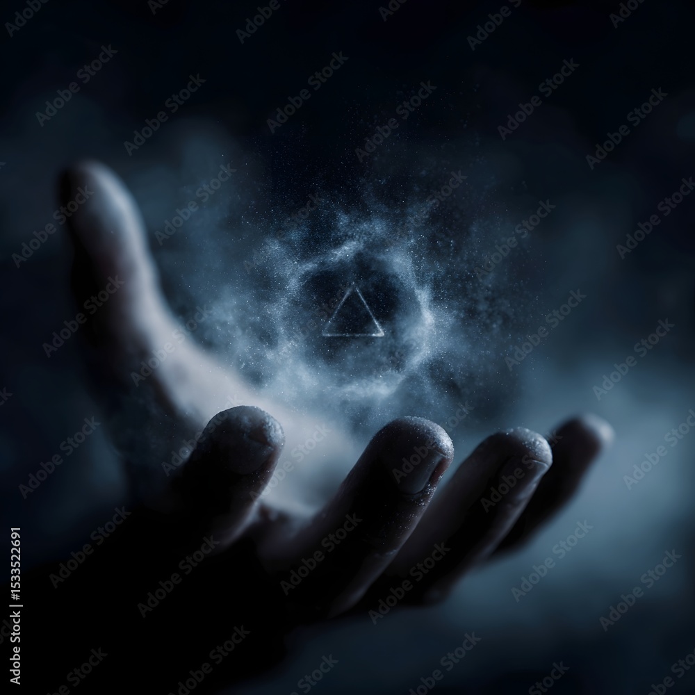 Futuristic holographic projection rising from open hand in ethereal sci fi atmosphere Futuristic holographic projection rising from open hand in ethereal sci fi atmosphere