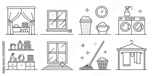 Monochrome Line Icon Set of Home Cleaning and Laundry Essentials

