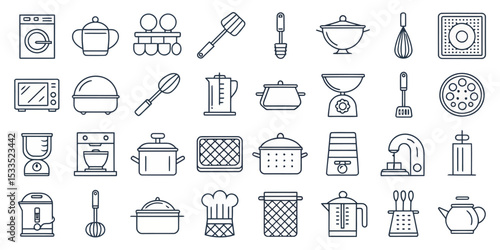 Monochrome Line Icon Set of Kitchen Utensils and Cooking Tools

