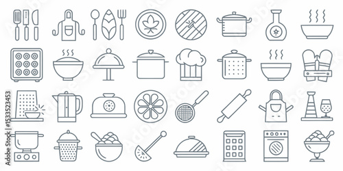 Monochrome Line Icon Set of Kitchen Utensils and Cooking Tools

