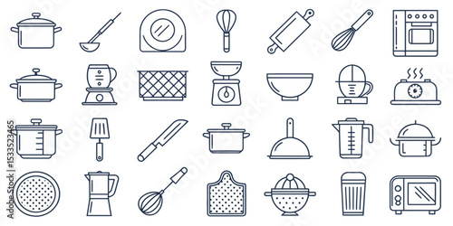 Monochrome Line Icon Set of Kitchen Utensils and Cooking Tools

