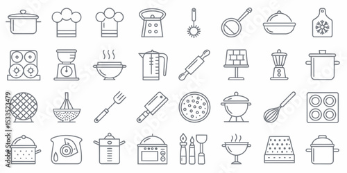 Monochrome Line Icon Set of Kitchen Utensils and Cooking Tools

