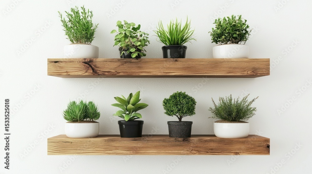Fototapeta premium 3D render of wooden wall shelf with planters on white background