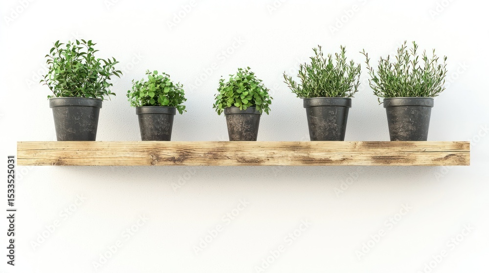 Fototapeta premium 3D render of wooden wall shelf with planters on white background