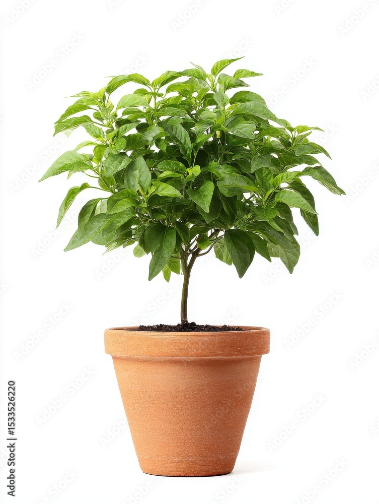 Lush Green Plant in Terracotta Pot Against White Background Lush Green Plant in Terracotta Pot Against White Background