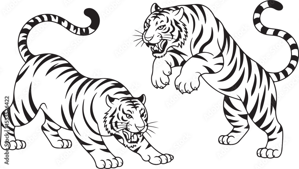 tiger silhouette with aggressive pose showing roaring and attack position for jungle wild animal and predator vector art tiger silhouette with aggressive pose showing roaring and attack position for jungle wild animal and predator vector art