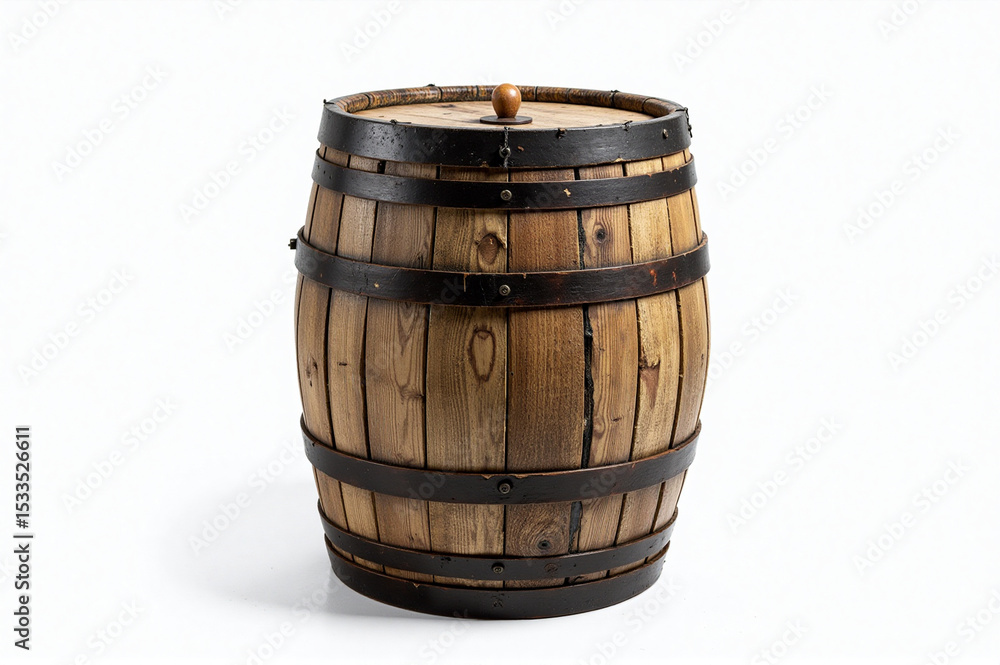 Fototapeta premium Wooden barrel with a lid on a white background.