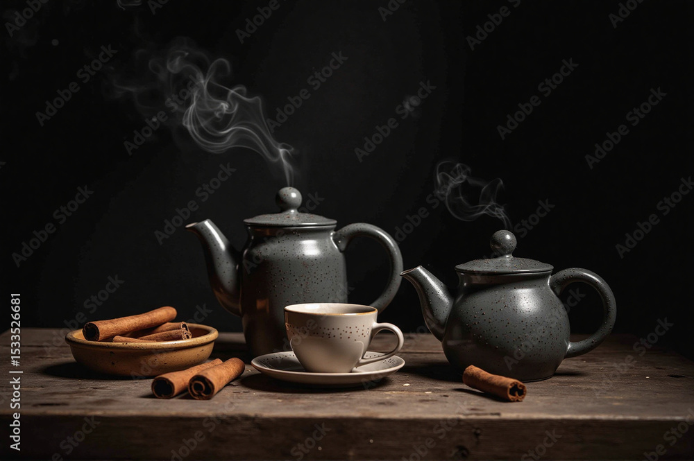 Fototapeta premium Wooden table with teapots and cups of tea, a saucer, and a bowl of cinnamon sticks
