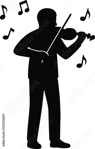 Silhouette musician playing violin with musical notes vector illustration