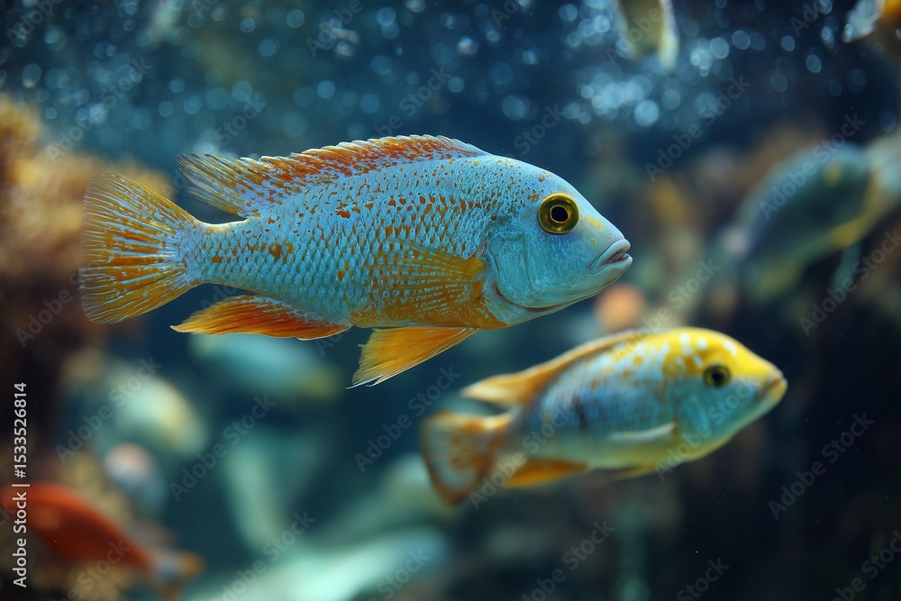 Close up of a blue and orange fish swimming in an aquarium with other fish in the background view Close up of a blue and orange fish swimming in an aquarium with other fish in the background view