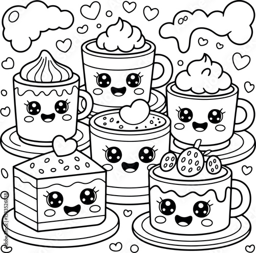 A cozy and cute collection of kawaii treats! This delightful coloring page features smiling mugs of cocoa, happy cake slices, and sweet desserts, all gathered together and surrounded by loving hearts.