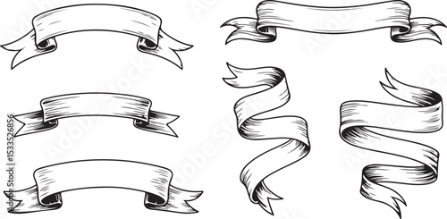 vintage ribbon banner silhouette collection with multiple curved and folded shapes for label, sign and decorative design