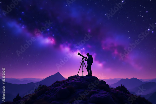 Silhouetted person stands on a rocky mountain summit and using a telescope to observe the vibrant purple hues of night sky