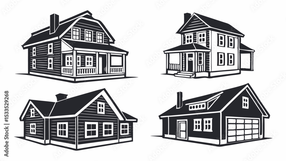 Fototapeta premium Stock photo of a set of house icons, symbols, and vector illustrations depicting urban architecture, real estate, and building designs