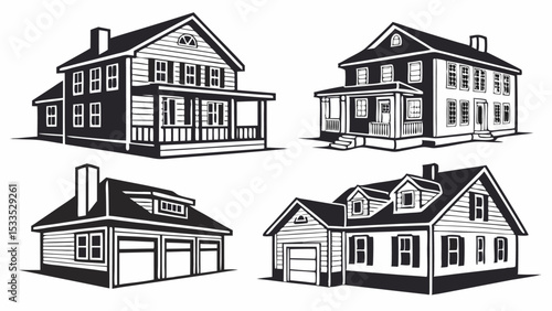 Here's a single sentence to describe the image:

Set of house icons featuring diverse architectural designs, from urban buildings to residential homes, in various styles including sketches, silhouette