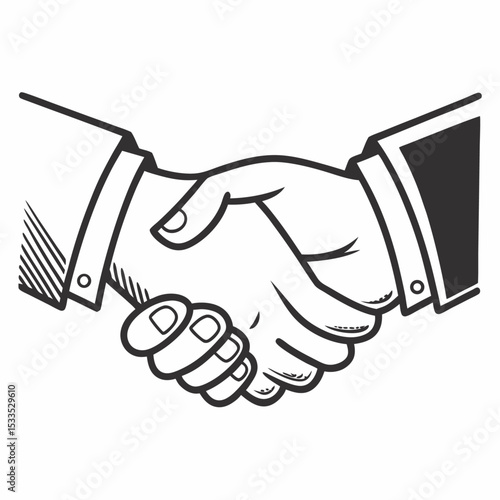 Here's a concise sentence to describe the image:

Handshake vector illustration of two businessmen making a deal, symbolizing partnership, teamwork, and success