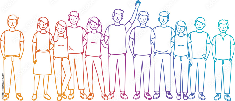 Group of diverse young people standing together in unity, rainbow outline vector illustration, teamwork, inclusion, friendship Group of diverse young people standing together in unity, rainbow outline vector illustration, teamwork, inclusion, friendship