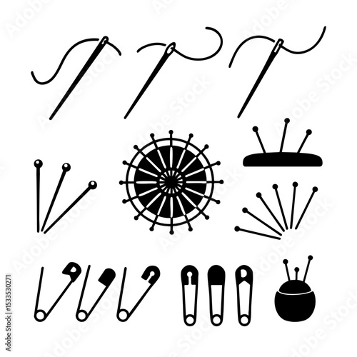 Set of needle icon silhouette. Black and white clip art vector illustration
