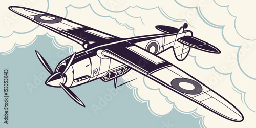 Stylized Vintage Airplane Illustration A World War II Era Fighter Plane Soars Through a Cloudy Sky Rendered in a Clean Graphic Style with a Retro