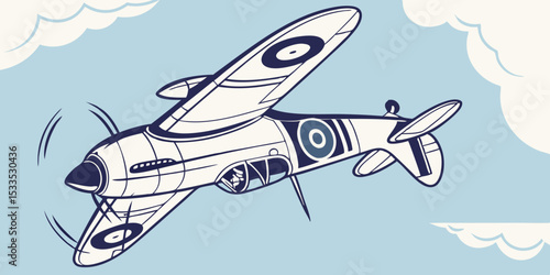 Vintage Airplane Illustration A Classic Fighter Plane Soaring Through the Sky with Clouds Rendered in a Retro Cartoon Style with Bold Lines and a Limited