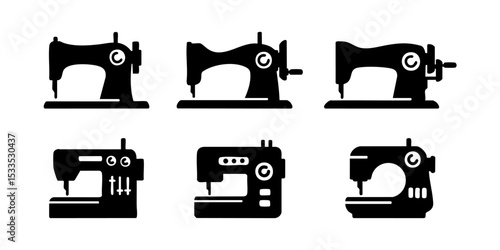 Set of sewing machine icon silhouette. Black and white Vector Illustration