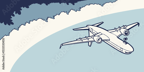 Stylized Illustration of a Large Cargo Plane Ascending Through the Sky Passing by Tree Branches with a Limited Color Palette and Bold Outlines for a