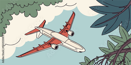 Illustrated Airplane Ascending Through Trees and Clouds a Retro Style Travel Poster with a Nostalgic Feel Evoking a Sense of Adventure and the Thrill of