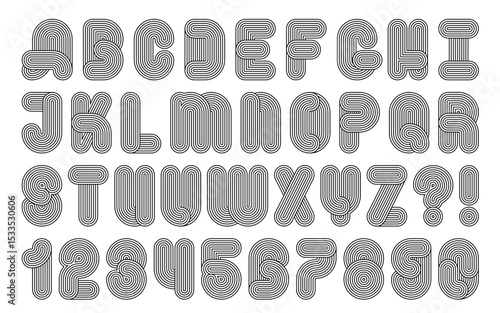 Curved parallel lines and knot font. Anniversary tech alphabet, 70s vector letters and numbers. Geometric typography design, oval endless closed paths. Digital blend effect. Retro disco party alphabet