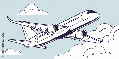 Stylized Commercial Airplane Ascending Through Fluffy Clouds Against a Light Blue Sky Depicted in a Clean Modern Line Art Style with a Focus on Aviation