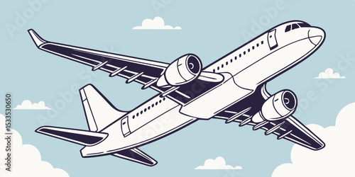 Stylized Illustration of a Passenger Airplane Ascending Through a Cloudy Sky Featuring a Two Tone Color Palette and Clean Graphic Lines for a Modern and