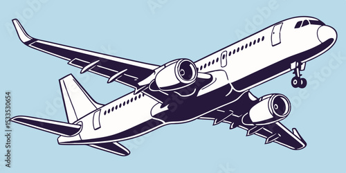 Stylized Commercial Airplane Illustration A low angle view of a passenger jet with two engines rendered in a limited color palette against a soft blue