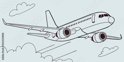 A line art illustration of a passenger airplane soaring through the sky with clouds showcasing its wings engines and fuselage against a light blue background