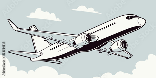 A stylized illustration of a passenger airplane taking off rendered in black and white with a light blue sky and clouds evoking a sense of