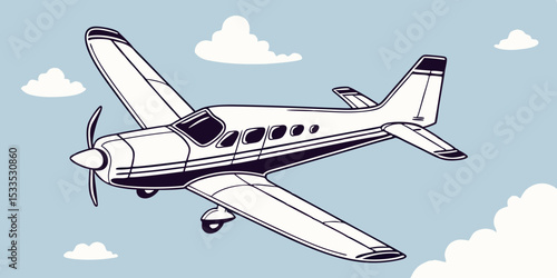 Stylized Illustration of a Small Airplane Flying Through a Light Blue Sky with Scattered White Clouds Depicted in a Clean Minimalist Cartoon Style with Bold