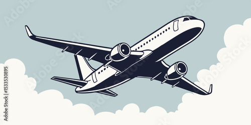 Stylized Airplane Illustration A commercial jet soars through a cloudy sky rendered in a vintage two tone color palette evoking a sense of travel flight