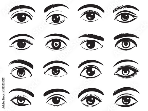 Eye all styles black vector illustration set for makeup, fashion and graphic design elements