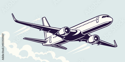 A stylized illustration of a passenger airplane soaring through the sky leaving contrails behind set against a light blue background with stylized clouds conveying a