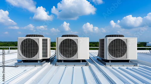 Condenser unit or compressor on roof of industrial plant building with sky background. Unit of central air conditioner (AC) or heating ventilation air conditioning system (HVAC). Pump and fan inside.