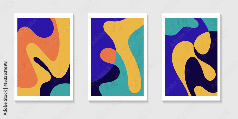 Obraz premium Set of abstract contemporary mid century posters with Abstract shapes. Design for wallpaper, background, wall decor, cover, print, card. Modern boho landscape minimalist art. Vector illustration.