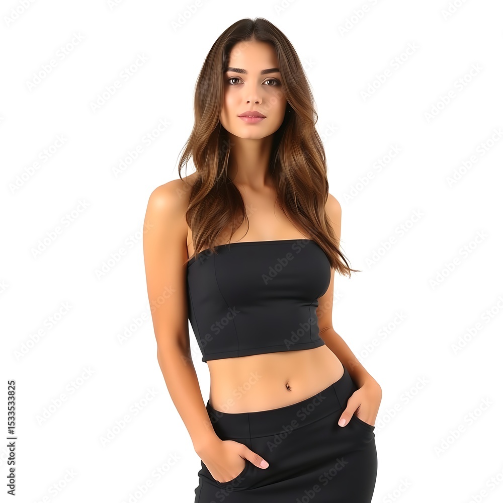 Beautiful woman in black tube top isolated on white background Beautiful woman in black tube top isolated on white background