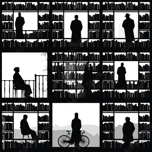 bookshelf silhouette set, Black & White silhouette set