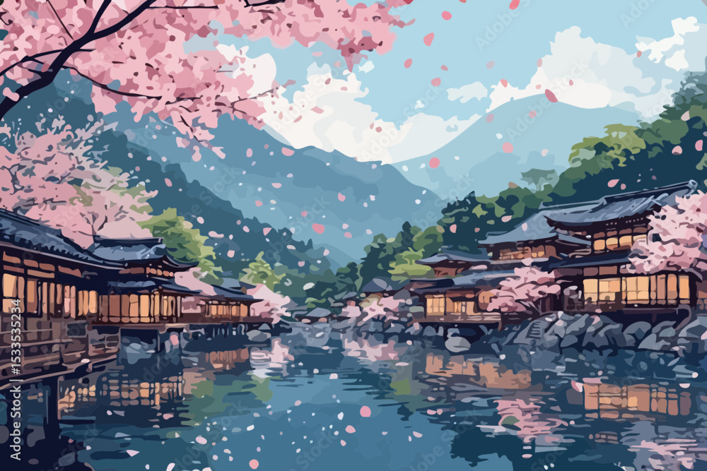 Obraz premium Cherry Blossoms and Old Temples in Rural Japan