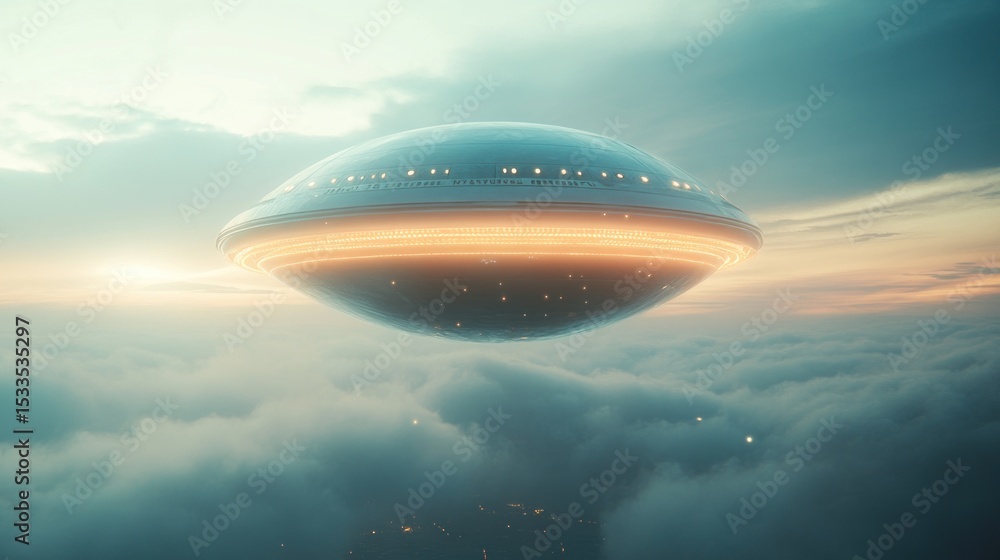 Fototapeta premium A futuristic UFO hovers above clouds at sunrise. Cities are visible below