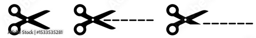  Monochrome scissors icon set with dotted cut line, "cut here" symbol for instructions