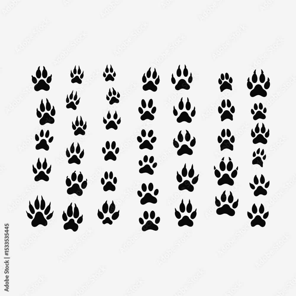 Obraz premium A clean vector collection of black animal paw print silhouettes featuring bears, cats, birds. Ideal for educational, graphic, or design use. Isolated on white background.