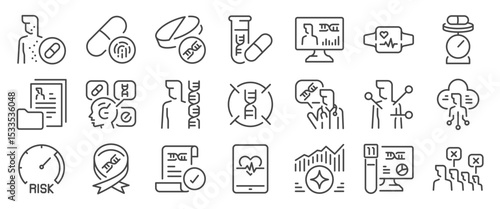 Personal medicine icon set. It included science, Tailored Pill, DNA Match, medical and more icons. Editable Vector Stroke.