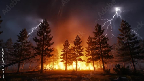 Lightning and wildfire together ravaging forest landscape